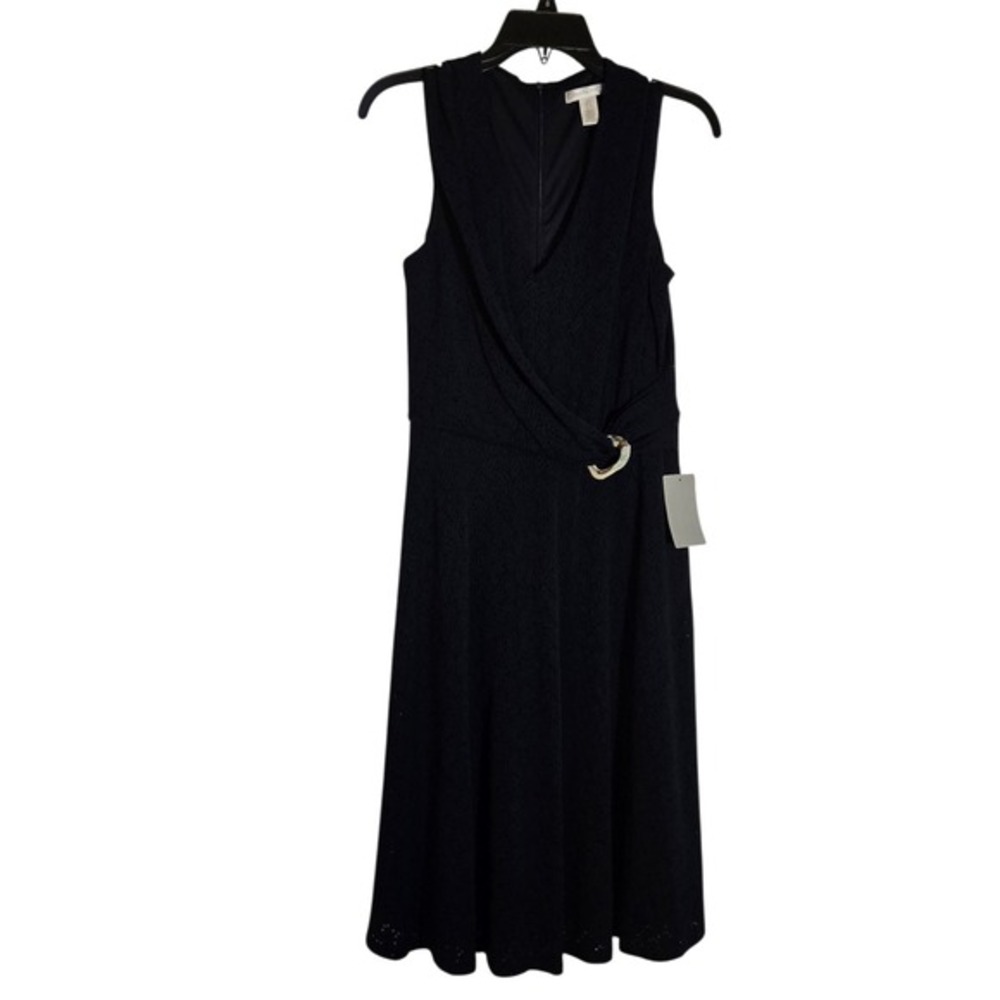 London Times Navy Blue Eyelet Lace Faux Wrap Midi Dress Gold Ring Accent Women 8